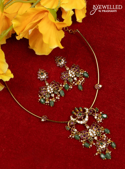 Ring type choker with kemp & cz stones and pearl & mint green beads hangings