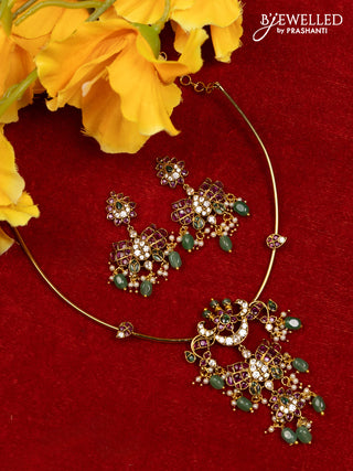 Ring type choker with kemp & cz stones and pearl & mint green beads hangings