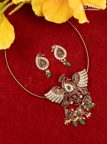Ring type choker peacock design with kemp & cz stones and pearl & mint green beads hangings