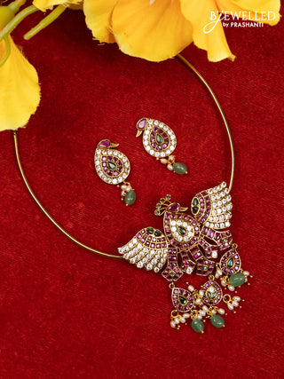 Ring type choker peacock design with kemp & cz stones and pearl & mint green beads hangings