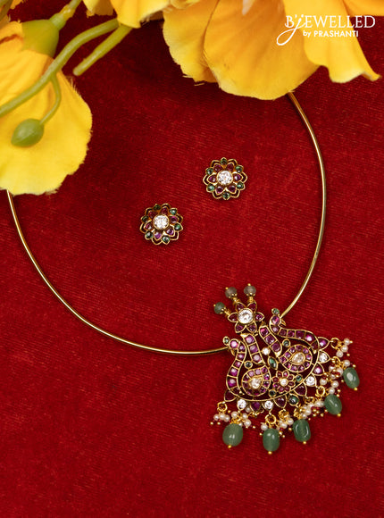 Ring type choker double peacock design with kemp & cz stones and pearl & mint green beads hangings