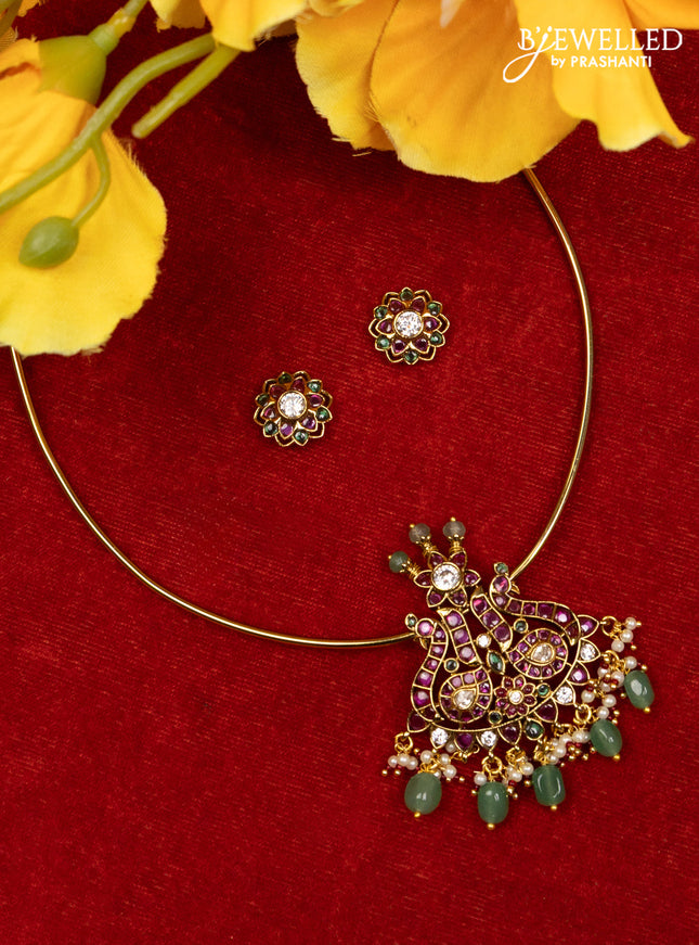 Ring type choker double peacock design with kemp & cz stones and pearl & mint green beads hangings