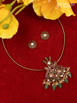 Ring type choker double peacock design with kemp & cz stones and pearl & mint green beads hangings