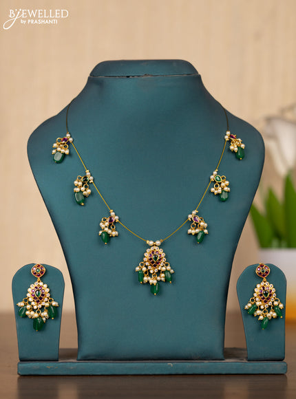 Invisible chain leaf design in multicolor kemp stones and pearl hangings
