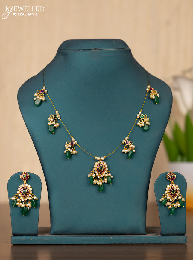 Invisible chain leaf design in multicolor kemp stones and pearl hangings