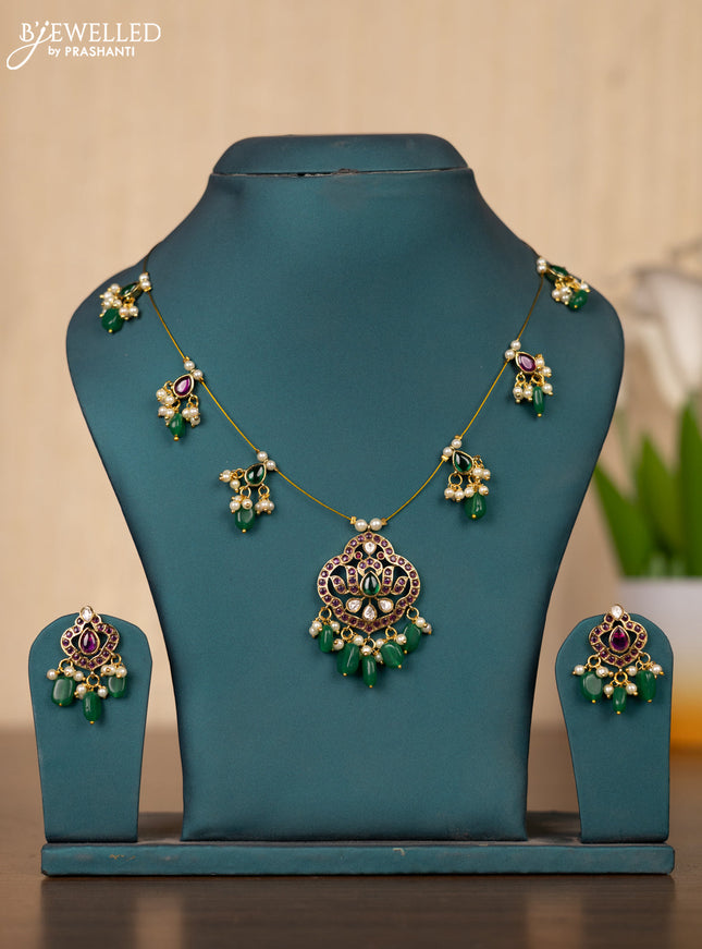Invisible chain lotus design in multicolor kemp stones and pearl hangings