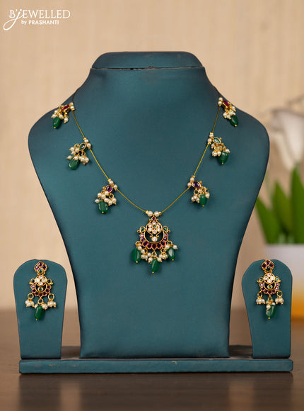 Invisible chain floral design in multicolor kemp stones and pearl hangings