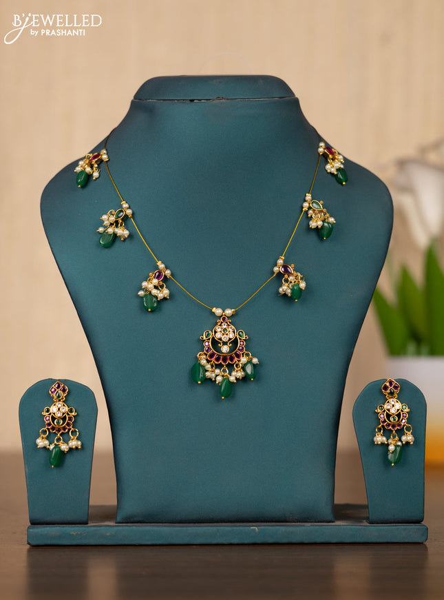Invisible chain floral design in multicolor kemp stones and pearl hangings