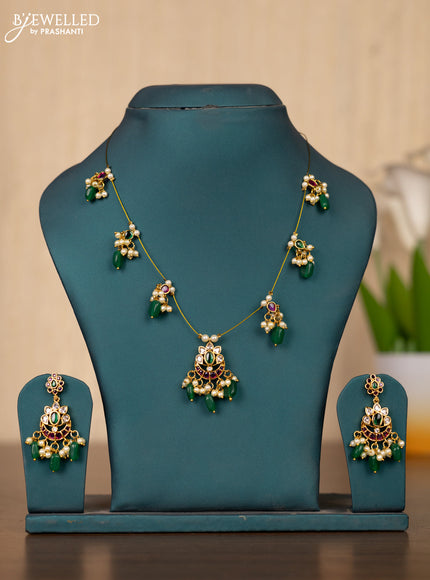 Invisible chain chandbali design in multicolor kemp stones and pearl hangings