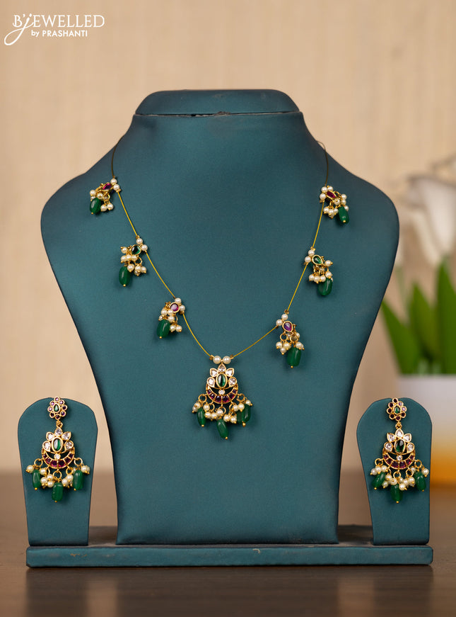 Invisible chain chandbali design in multicolor kemp stones and pearl hangings