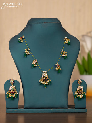 Invisible chain chandbali design in multicolor kemp stones and pearl hangings