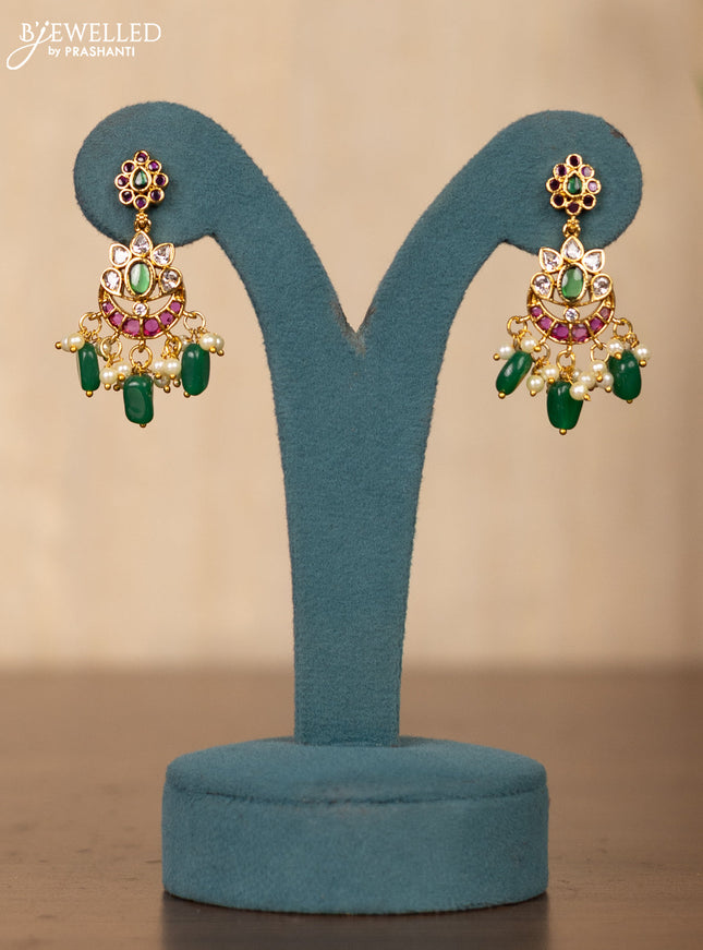 Invisible chain chandbali design in multicolor kemp stones and pearl hangings