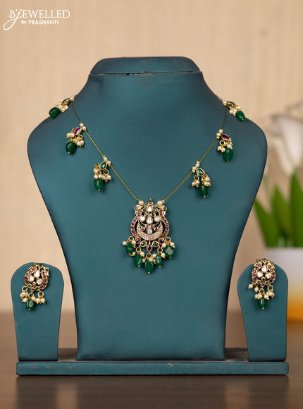 Invisible chain double peacock design in multicolor stones and green beads hanging