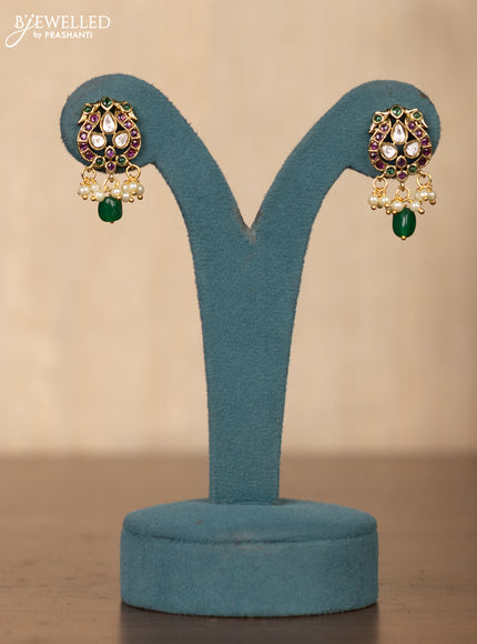 Invisible chain double peacock design in multicolor stones and green beads hanging