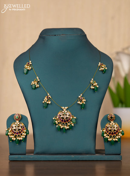 Invisible chain chandbali design in multicolor kemp stones and pearl hangings