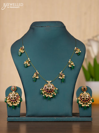 Invisible chain chandbali design in multicolor kemp stones and pearl hangings