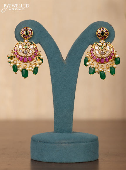 Invisible chain chandbali design in multicolor kemp stones and pearl hangings