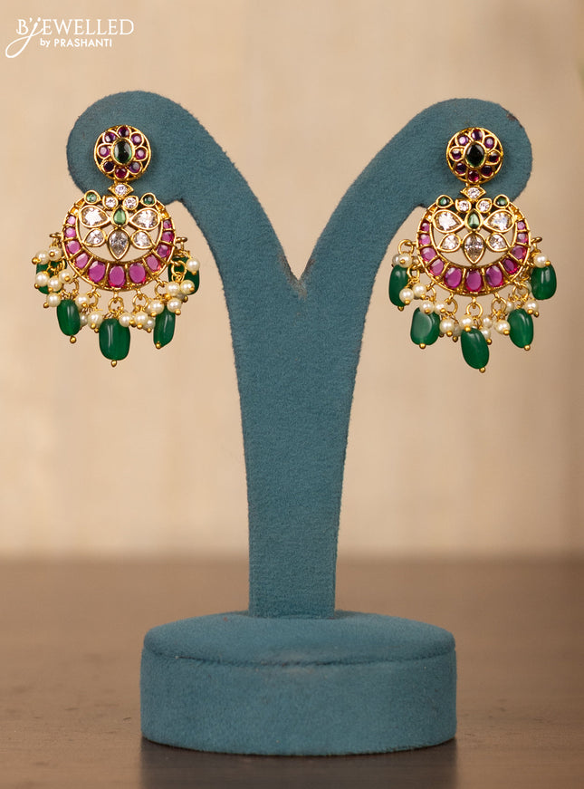 Invisible chain chandbali design in multicolor kemp stones and pearl hangings