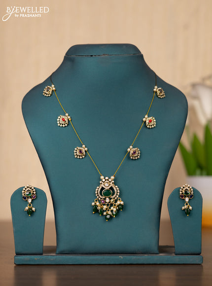 Invisible chain double peacock design in multicolor stones and green beads hanging