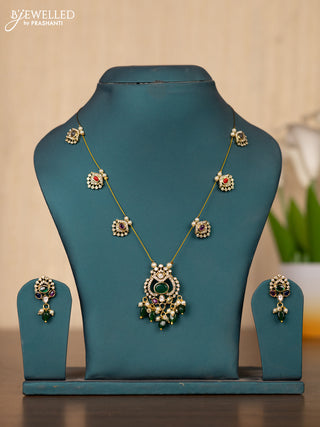 Invisible chain double peacock design in multicolor stones and green beads hanging