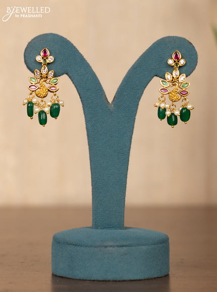 Invisible chain peacock design in multicolor kemp stones and green beads hanging