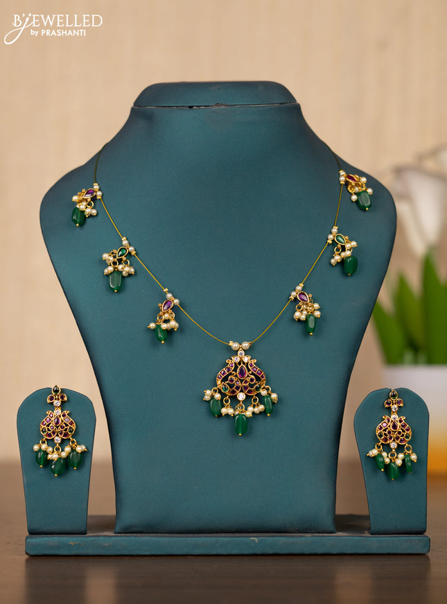 Invisible chain double peacock design in multicolor kemp stones and green beads hanging