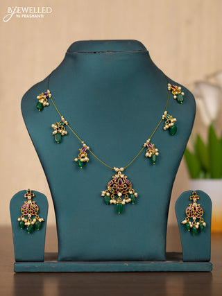 Invisible chain double peacock design in multicolor kemp stones and green beads hanging
