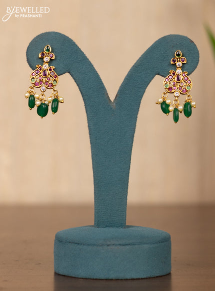 Invisible chain double peacock design in multicolor kemp stones and green beads hanging