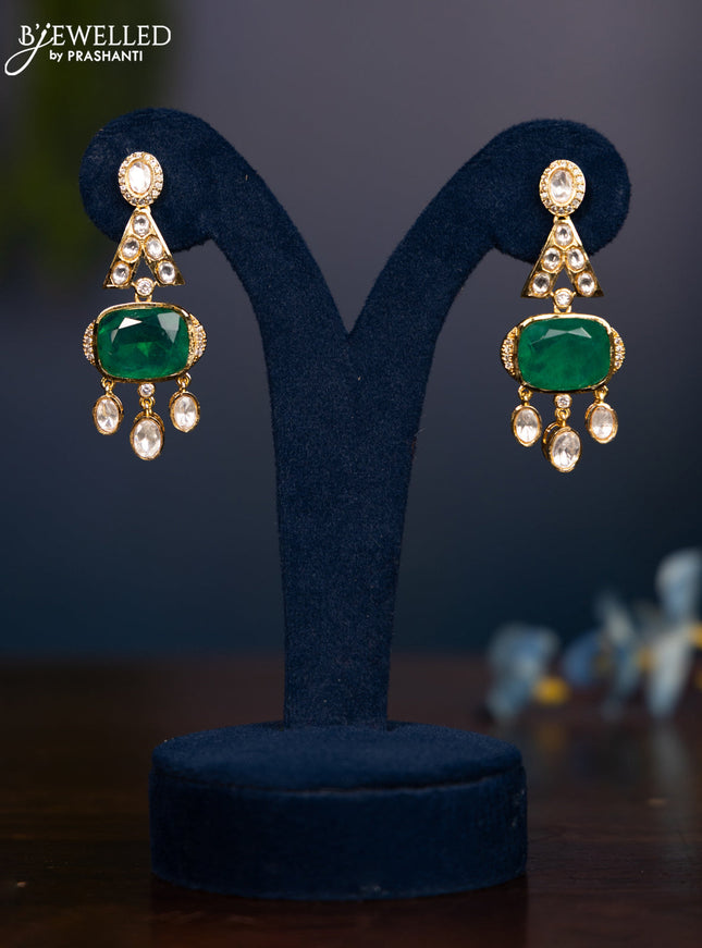 Zircon earring with big emerald & kundan cz stones and hangings in gold finish