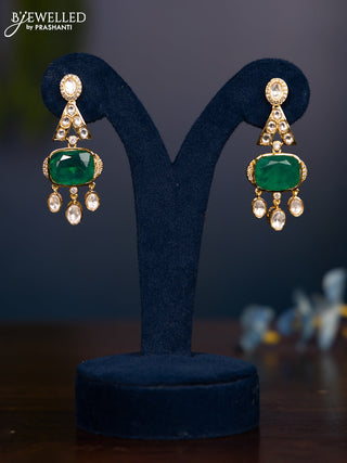 Zircon earring with big emerald & kundan cz stones and hangings in gold finish
