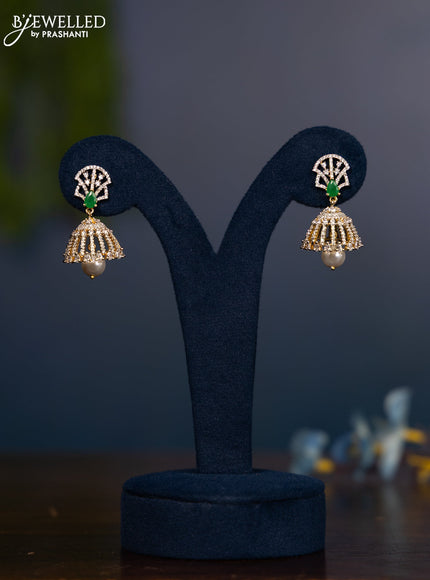 Zircon jhumka with emerald & cz stones and pearl hanging
