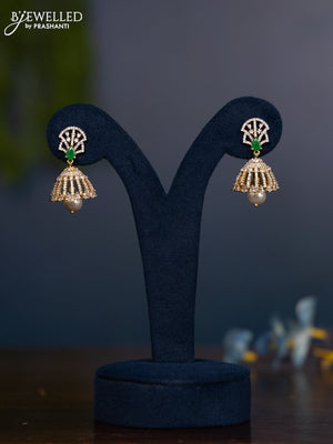 Zircon jhumka with emerald & cz stones and pearl hanging