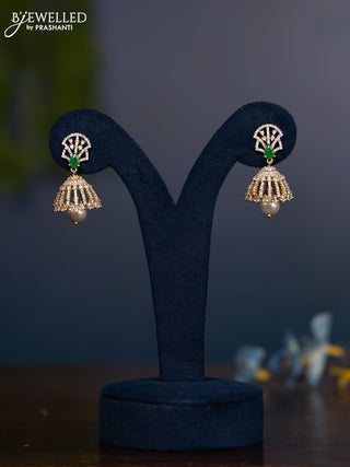Zircon jhumka with emerald & cz stones and pearl hanging