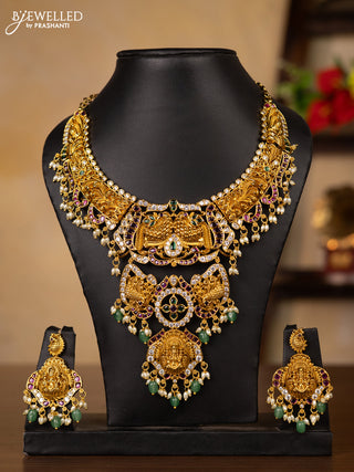 Antique guttapusalu necklace double peacock design in multicolor kemp stones and rice pearl hangings