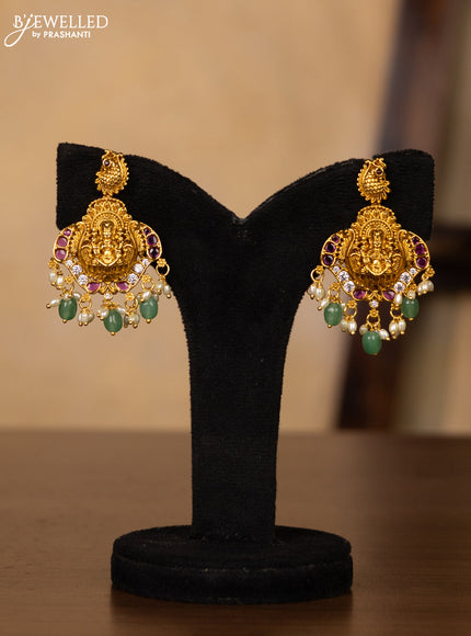 Antique guttapusalu necklace double peacock design in multicolor kemp stones and rice pearl hangings