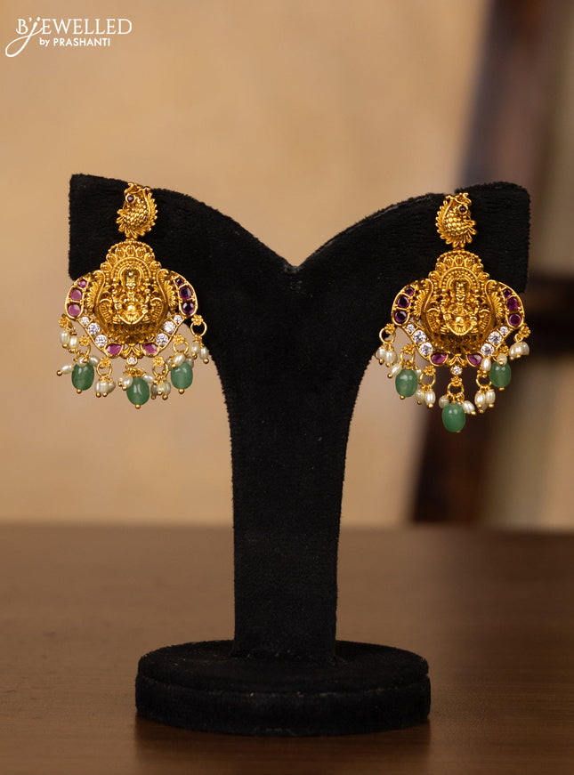 Antique guttapusalu necklace double peacock design in multicolor kemp stones and rice pearl hangings