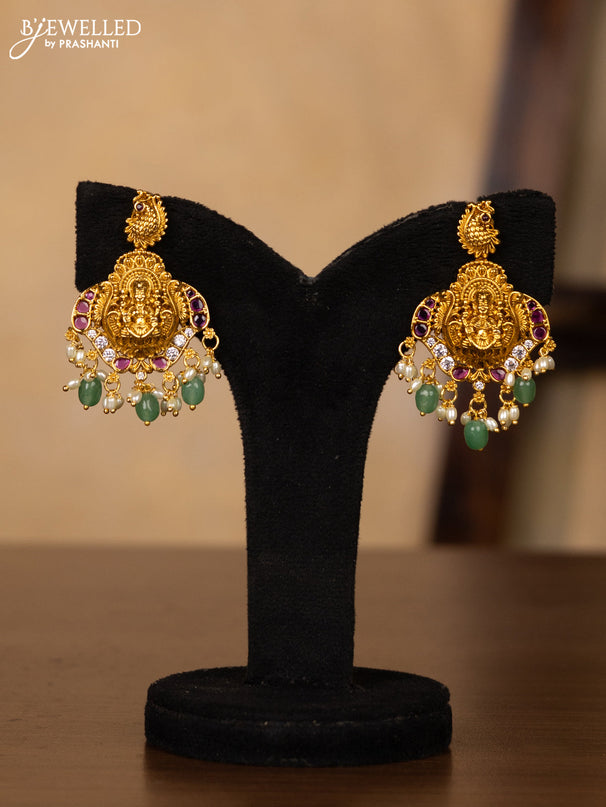 Antique guttapusalu necklace double peacock design in multicolor kemp stones and rice pearl hangings