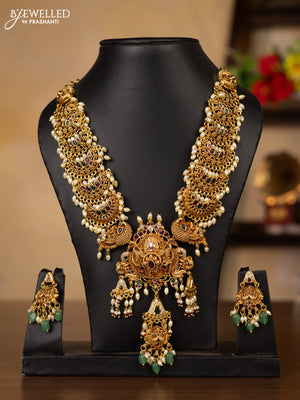 Antique guttapusalu necklace floral & peacock design in multicolor kemp stones and rice pearl hangings