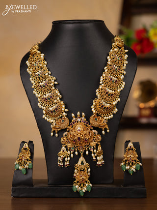 Antique guttapusalu necklace floral & peacock design in multicolor kemp stones and rice pearl hangings