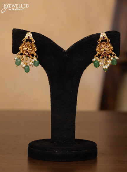 Antique guttapusalu necklace floral & peacock design in multicolor kemp stones and rice pearl hangings