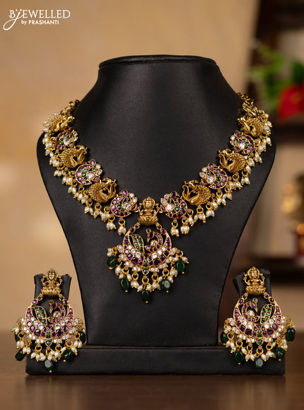 Antique guttapusalu necklace peacock design in multicolor kemp stones and rice pearl hangings
