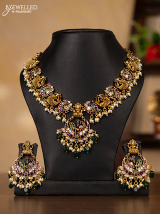 Antique guttapusalu necklace peacock design in multicolor kemp stones and rice pearl hangings
