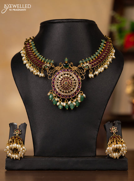 Antique guttapusalu necklace floral design in multicolor kemp stones and rice pearl hangings