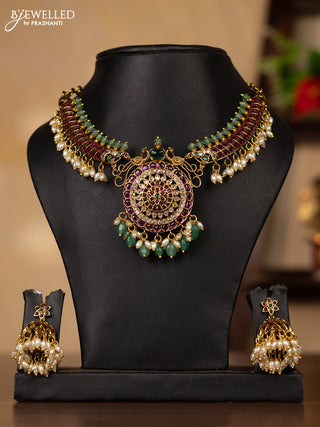 Antique guttapusalu necklace floral design in multicolor kemp stones and rice pearl hangings