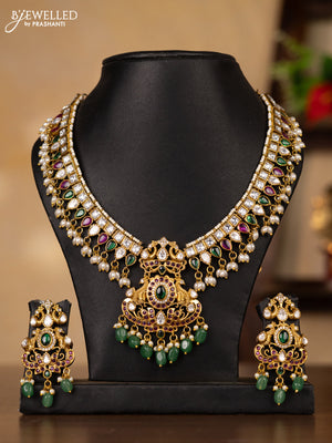 Antique guttapusalu necklace double peacock design in multicolor kemp and kundan stones and rice pearl hangings