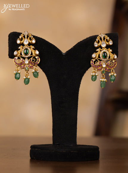 Antique guttapusalu necklace double peacock design in multicolor kemp and kundan stones and rice pearl hangings