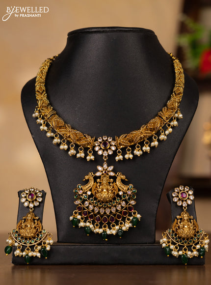 Antique guttapusalu necklace lakshmi & double peacock design in multicolor kemp stones and pearl hangings