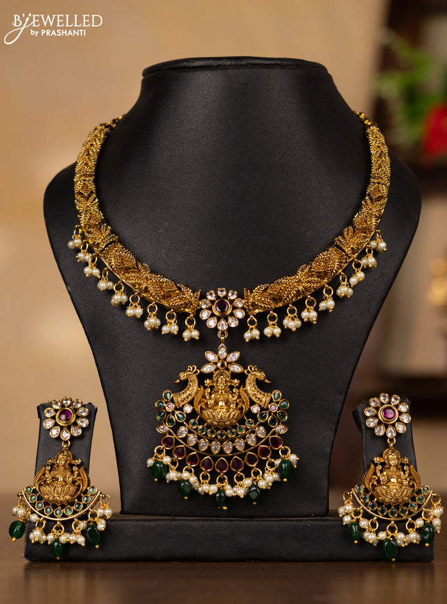 Antique guttapusalu necklace lakshmi & double peacock design in multicolor kemp stones and pearl hangings