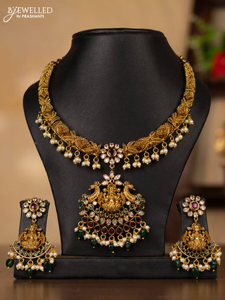 Antique guttapusalu necklace lakshmi & double peacock design in multicolor kemp stones and pearl hangings