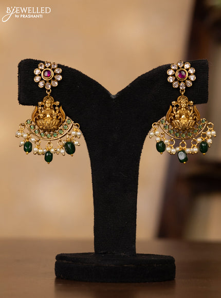 Antique guttapusalu necklace lakshmi & double peacock design in multicolor kemp stones and pearl hangings
